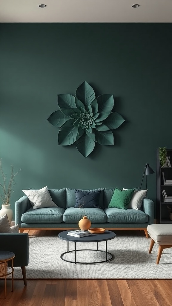 Living room with dark green walls and unique leaf-inspired wall art