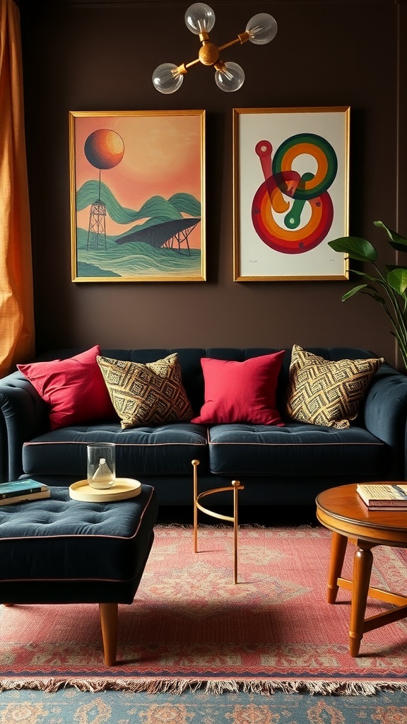 Cozy living room featuring a dark velvet sofa with colorful cushions, artwork on the walls, and stylish furniture.