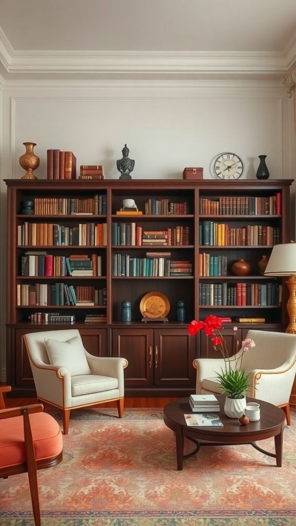 A cozy living room featuring a dark wood bookshelf filled with books, decorative items, and comfortable seating.