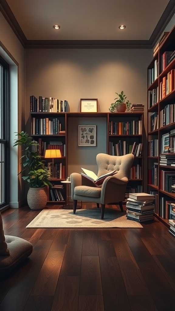 Cozy reading nook with dark wood floor, armchair, plants, and bookshelves