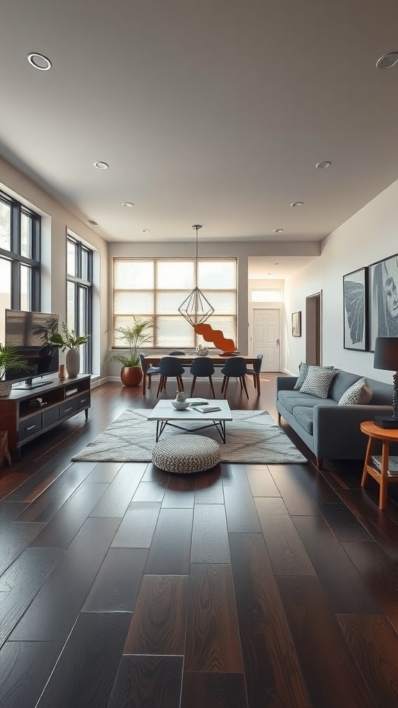 Living room with dark wood floors, large windows, and modern decor