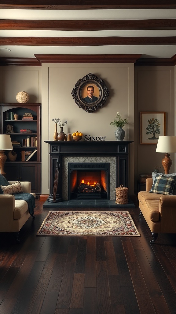 A living room featuring dark wood floors and a classic fireplace, with cozy furniture and decorative elements.