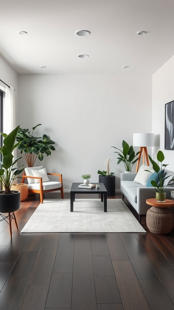 A zen-inspired living room featuring dark wood floors, plants, and minimalistic furniture.