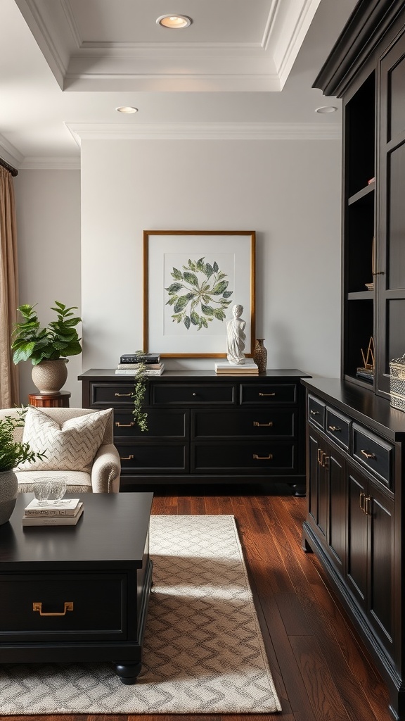 A cozy living room featuring dark wood furniture with gold hardware, including a coffee table and side table.