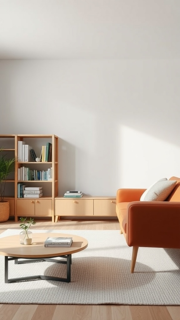 A minimalist living room featuring decluttered wooden bookshelves, an orange couch, and a round coffee table.