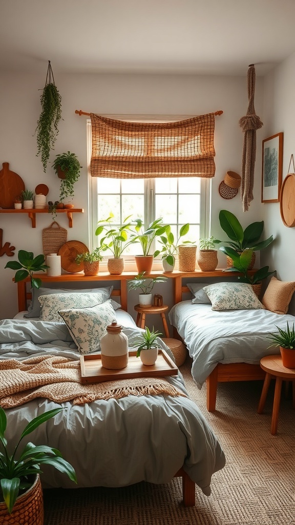 A cozy shared bedroom featuring two beds surrounded by various plants and natural decor elements.