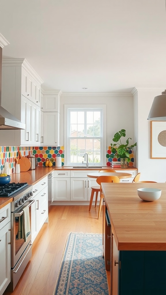 A bright kitchen with a colorful hexagonal tile backsplash and wooden countertops.