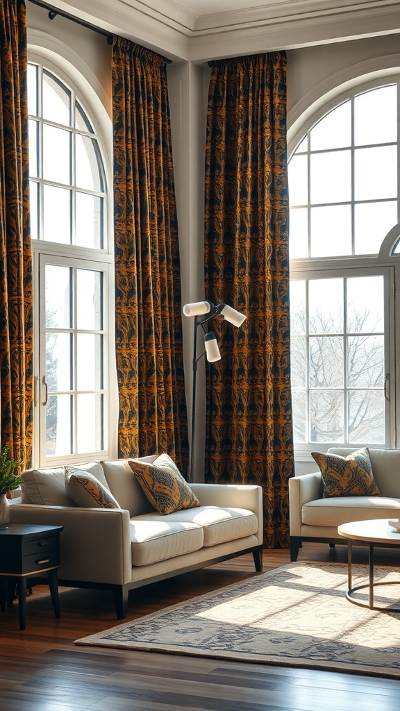 A stylish living room featuring decorative black and gold curtains, complemented by modern furniture.