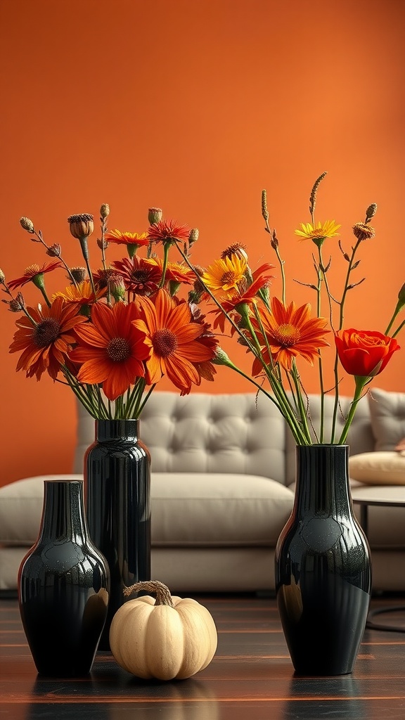 Decorative black vases with flowers against a burnt orange wall in a living room