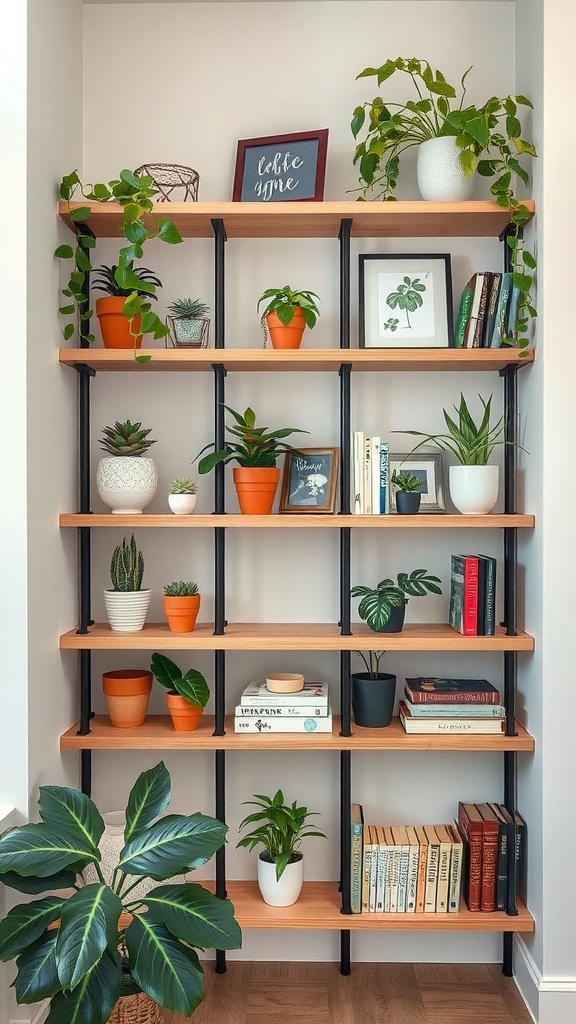 Decorative corner shelves with plants and books