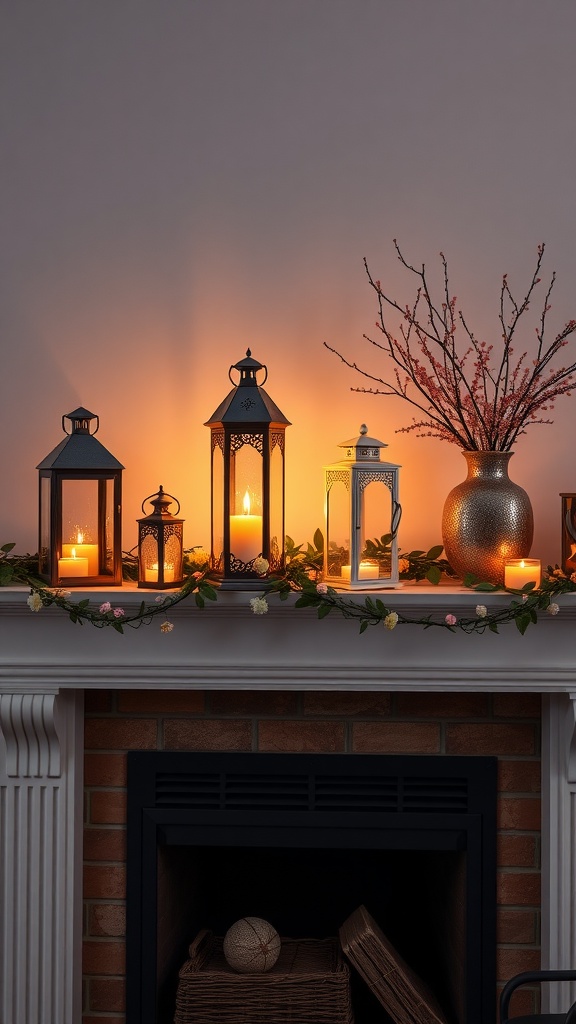 A fireplace mantel decorated with decorative lanterns, candles, and spring flowers.