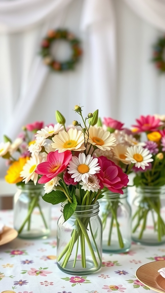 Colorful mason jar centerpieces filled with flowers on a floral tablecloth