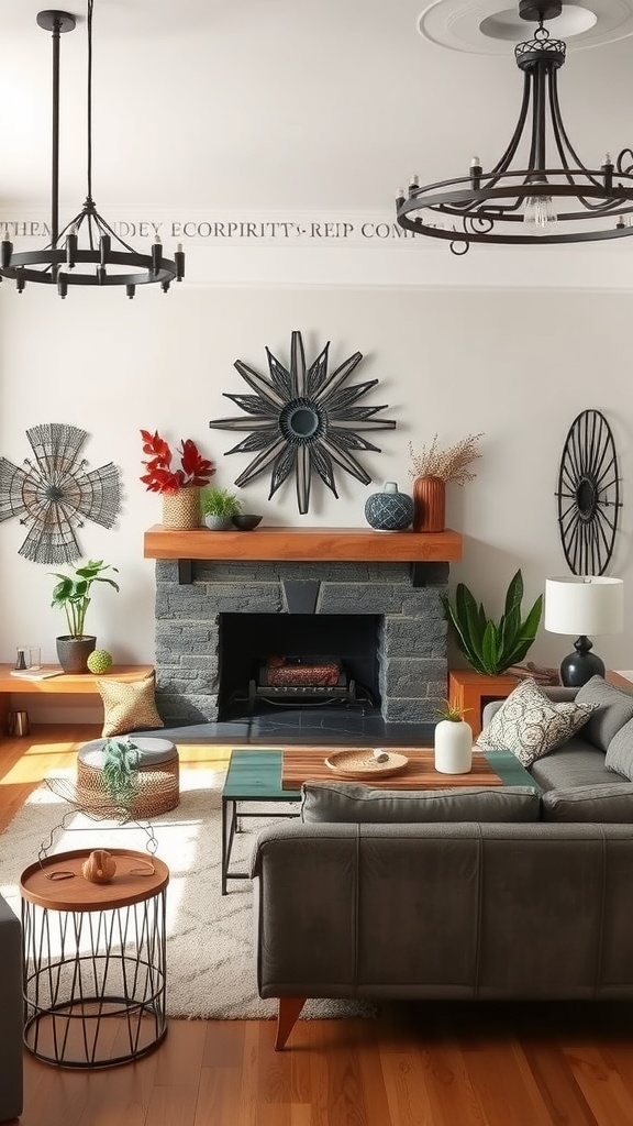 A stylish western living room showcasing decorative metal accents, including wall art and lighting fixtures.