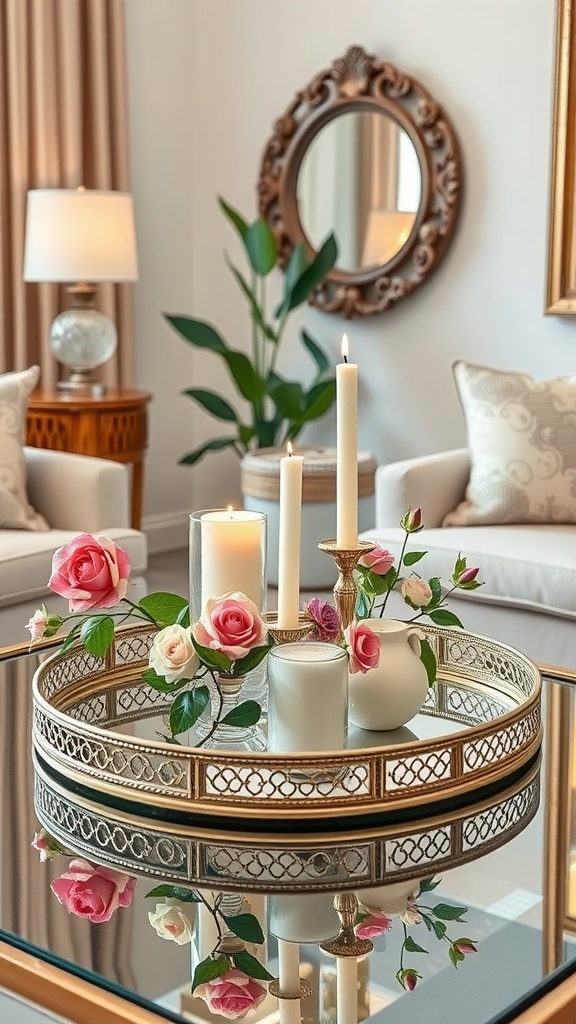 A decorative mirror tray with candles and flowers, placed on a reflective surface, with a mirror in the background.