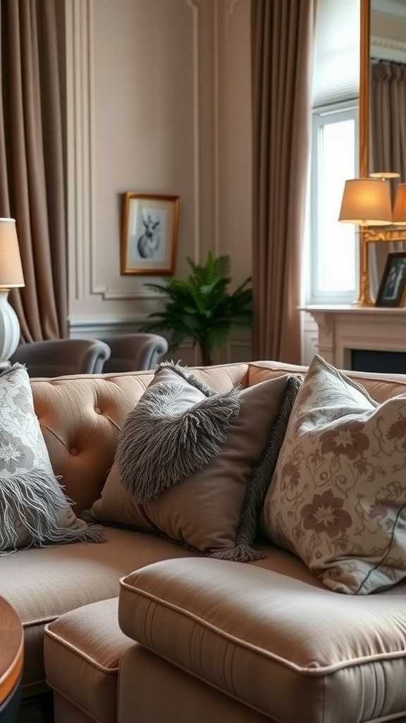 A cozy living room scene featuring a sofa adorned with decorative pillows, showcasing various textures and patterns.