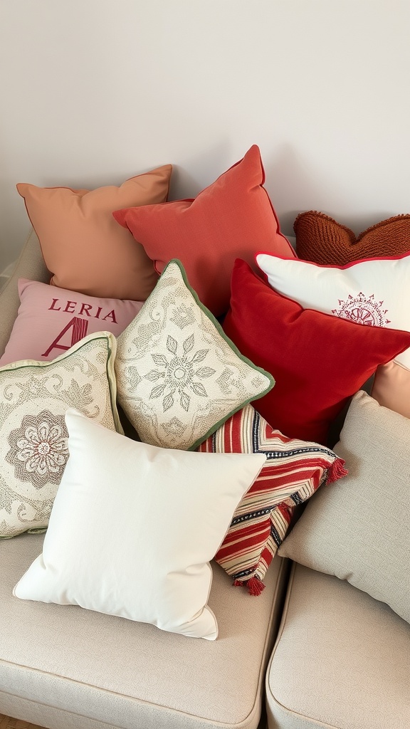 A variety of decorative pillows in different shapes, colors, and patterns piled on a couch.