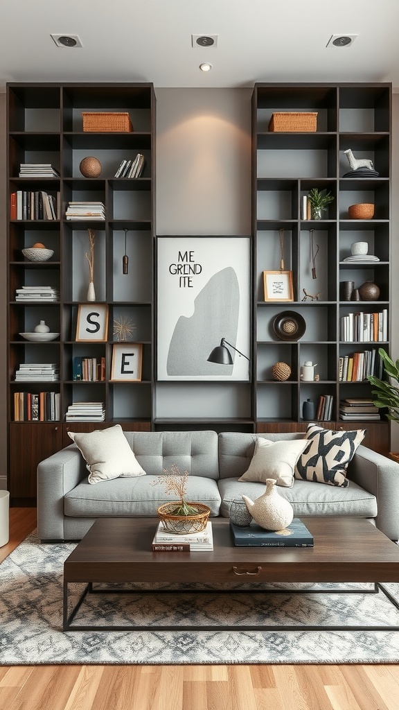 Decorative room dividers in the form of shelving units in a modern living room