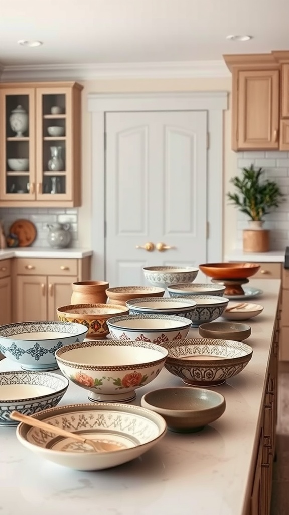 A variety of decorative serving bowls arranged on a kitchen island.