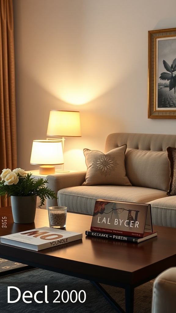 A cozy living room featuring two decorative table lamps, a comfortable sofa, and a coffee table with books and a plant.