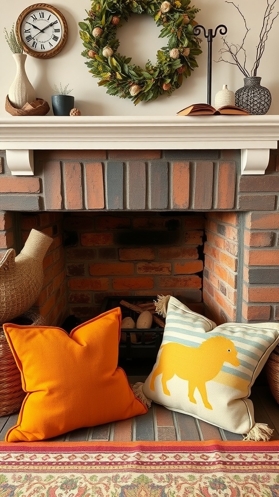 Colorful decorative throw pillows on a brick hearth next to a fireplace