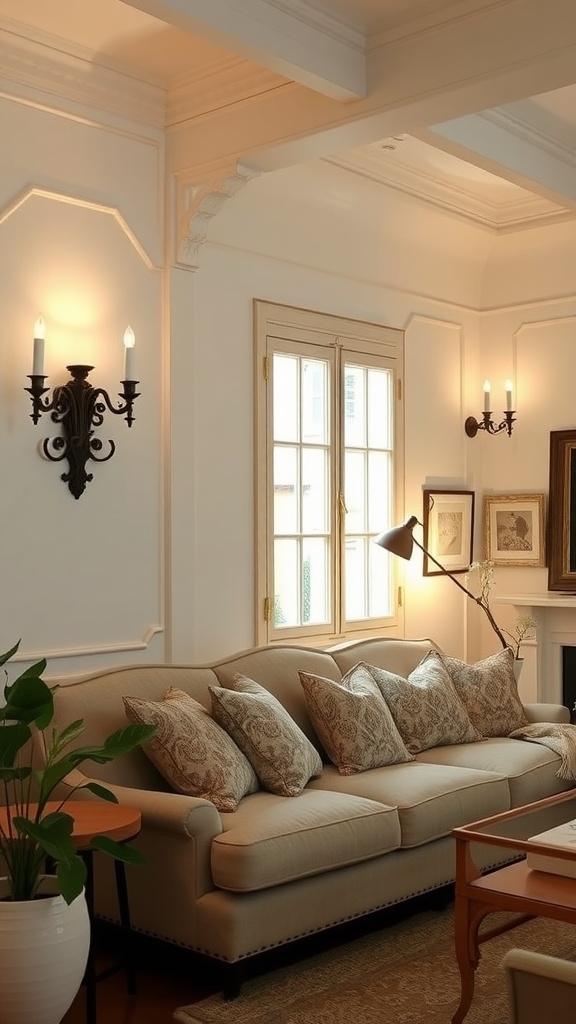 French country living room with decorative wall sconces and a cozy sofa