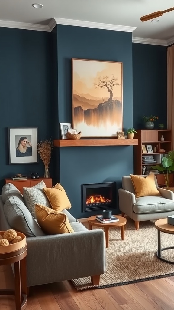 Living room with deep blue accent wall and earthy tones, featuring a fireplace, artwork, and cozy furniture.