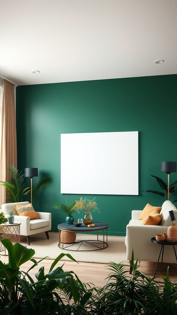 A living room featuring a deep green accent wall, light-colored furniture, and various indoor plants.