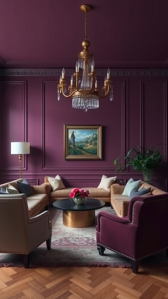 Luxurious living room with deep plum walls, elegant furniture, and sophisticated decor.