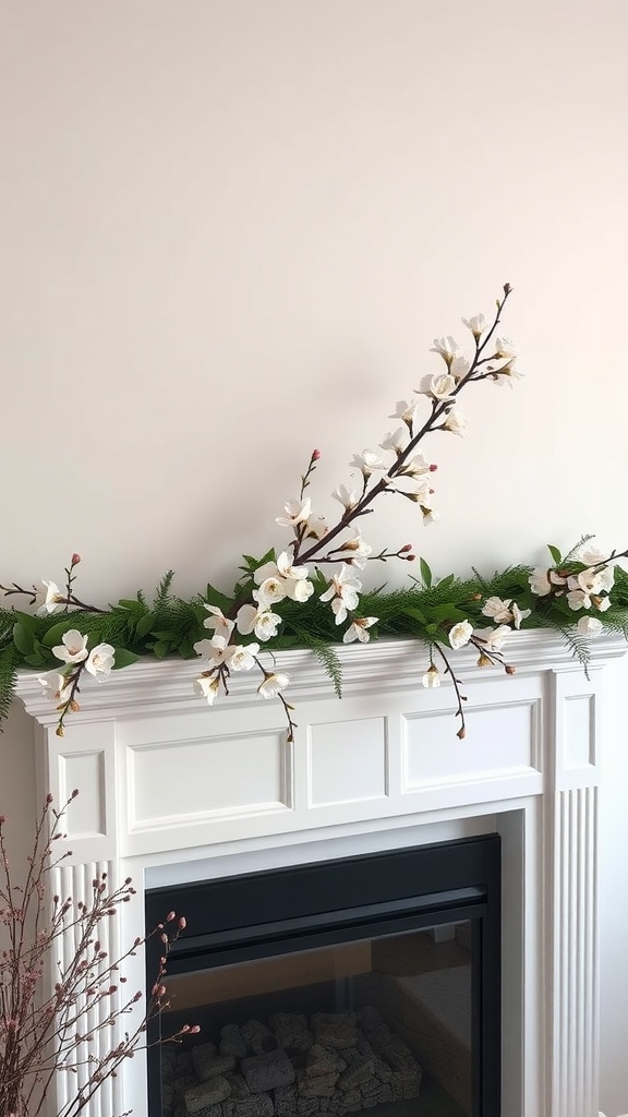 A decorative mantle adorned with cherry blossom swag and green foliage.