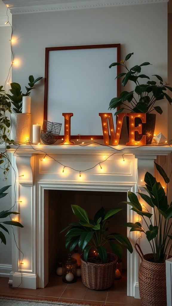 A cozy living room mantel decorated with fairy lights, plants, and the word 'LOVE' in illuminated letters.