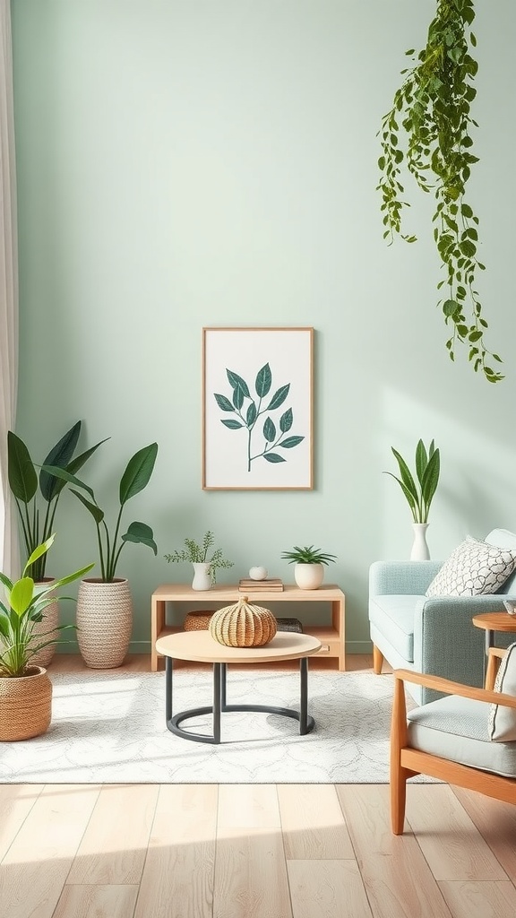 A living room decorated in delicate mint with plants and blue furniture