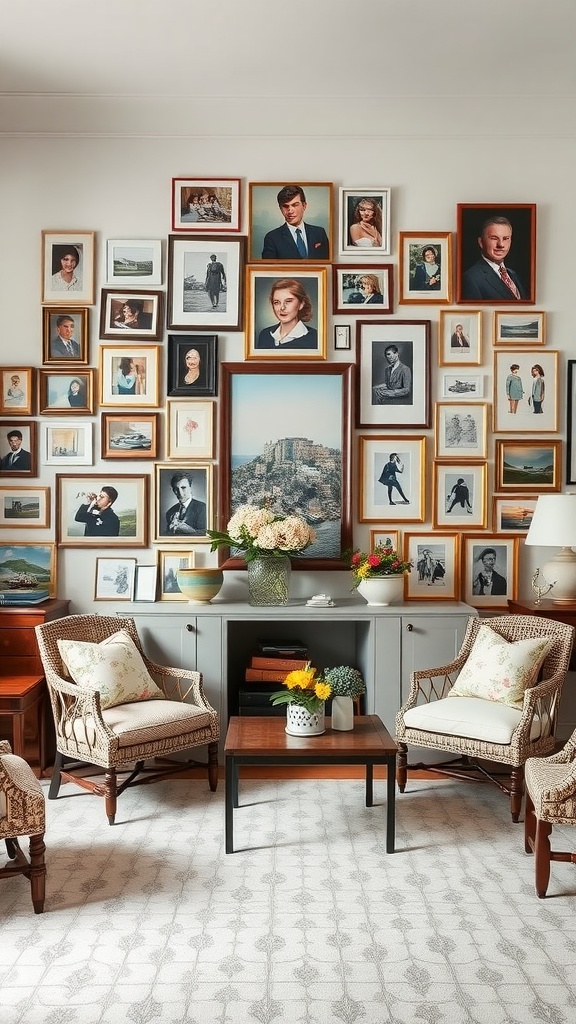 A cozy living room featuring a gallery wall with various framed photographs and artwork.