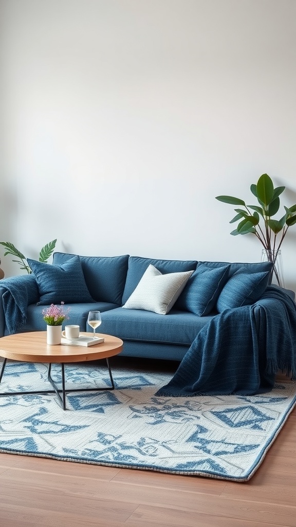 A cozy living room featuring a denim blue sofa, a wooden coffee table, and a patterned rug.