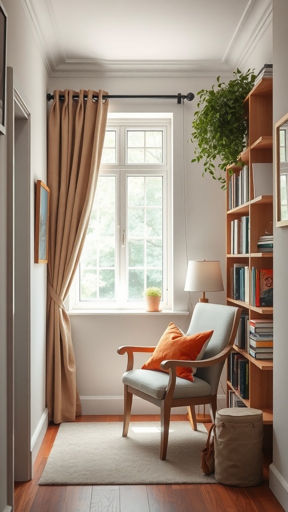 Cozy reading nook with a chair, bookshelf, and window light