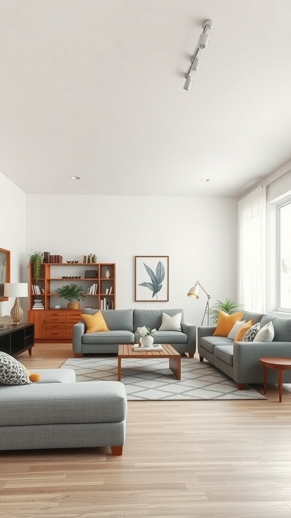 A stylish open concept living room featuring a sectional sofa, a coffee table, and natural light.