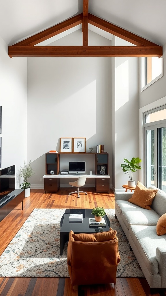 Stylish home office corner with high ceilings, wooden beams, and modern furniture.