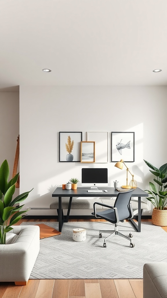 A modern work-from-home space in an open concept living room featuring a sleek desk, office chair, and plants, surrounded by cozy furniture.