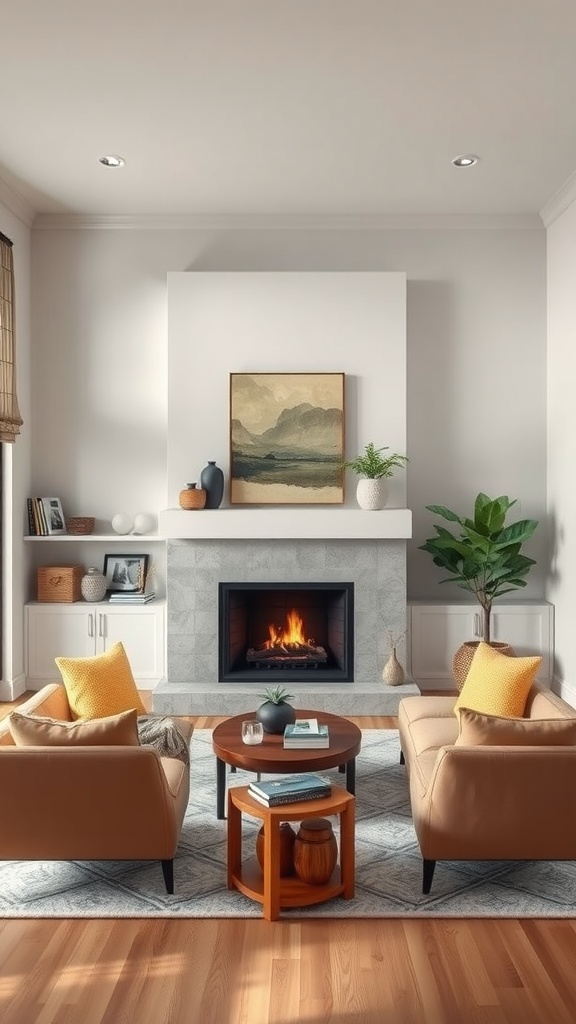 A modern western living room featuring a central fireplace with two armchairs, a coffee table, and decorative elements.