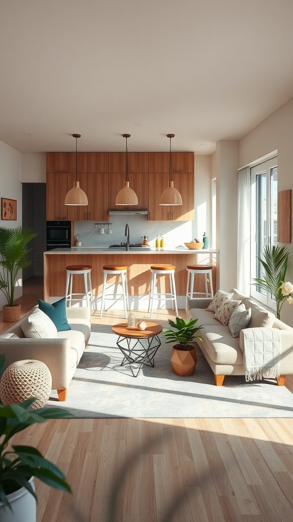 A bright and cozy living room and kitchen area designed for family activities.