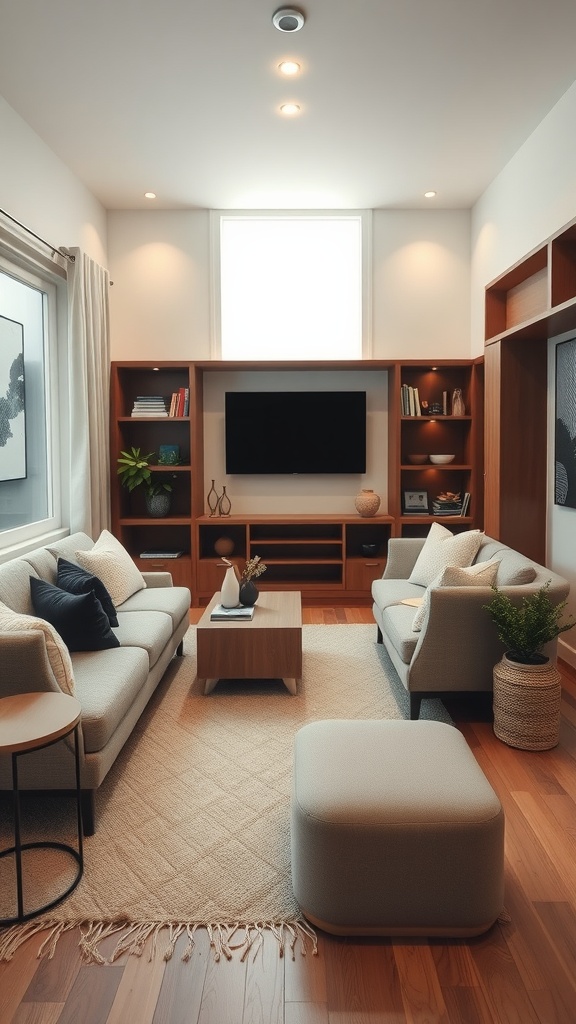 A stylish small living room featuring built-in furniture solutions with a cozy seating arrangement.