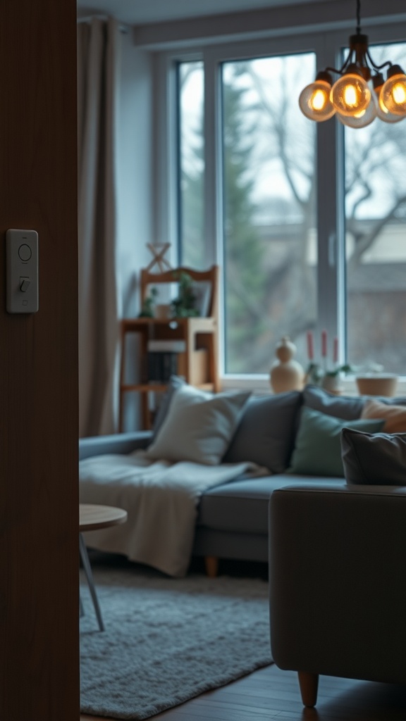 A dimmer switch next to a stylish chandelier in a cozy living room.