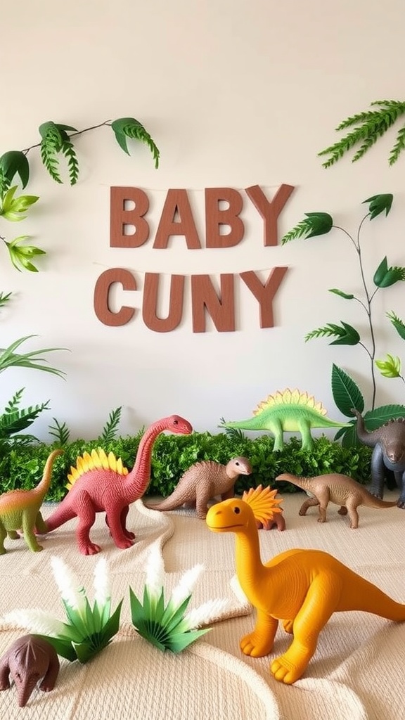 A colorful display of dinosaur toys with the words 'BABY CUNY' in the background surrounded by green plants.