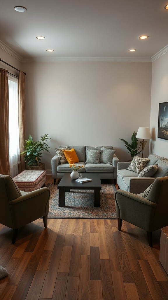 A living room with a couch, two armchairs, and a coffee table, showcasing a disjointed seating arrangement.