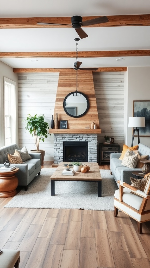 A cozy farmhouse-style living room featuring distressed wood accents, a stone fireplace, and comfortable seating.