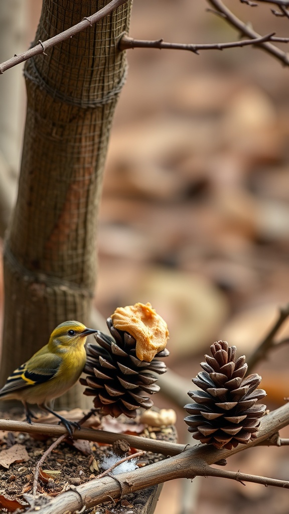 A small bird feeding from a pine cone bird feeder coated with peanut butter, set against a natural background.