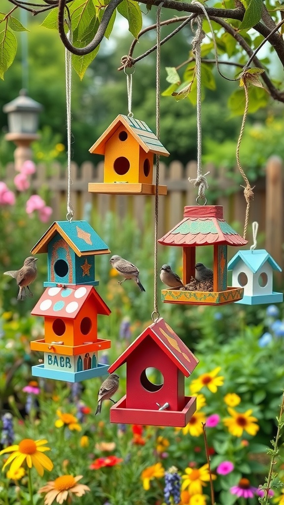 Colorful DIY bird feeders hanging from a tree with birds and flowers in the background.