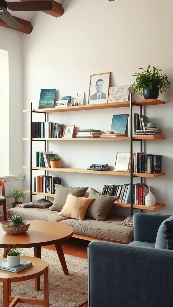 A stylish DIY bookshelf with wooden shelves and black metal frames in a cozy living room.