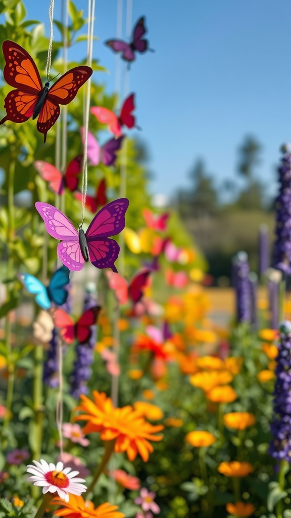 Colorful butterflies hanging in a garden filled with vibrant flowers