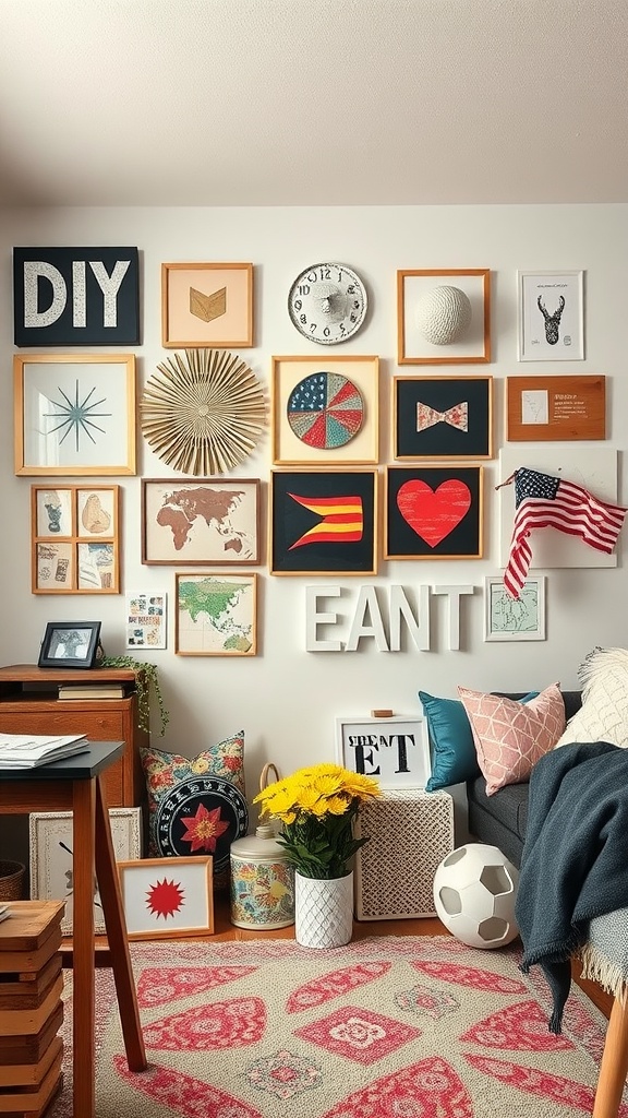 A cozy dorm living room with a DIY-themed gallery wall, colorful pillows, and a vibrant flower arrangement.