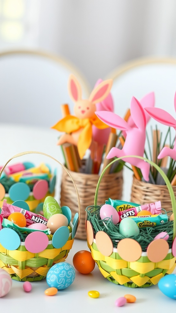 Colorful DIY Easter baskets filled with candies and eggs, with bunny decorations in the background.